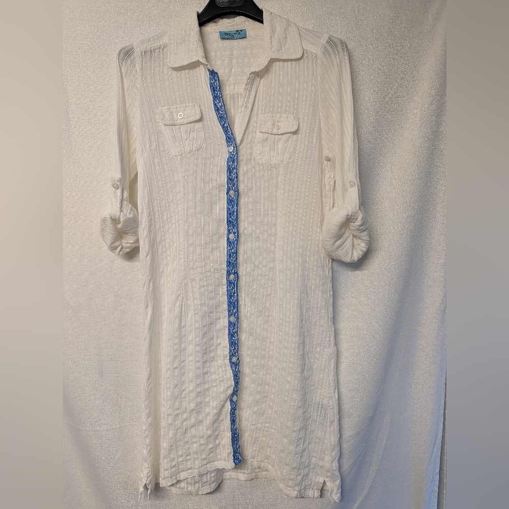 Letarte White Cotton Tunic Beach Cover Up Dress with Blue Accent Size Small